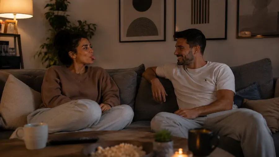 זוג מחייך בסלון בערב אחרי שהתחילו דייט זוגי עם Bonfeli