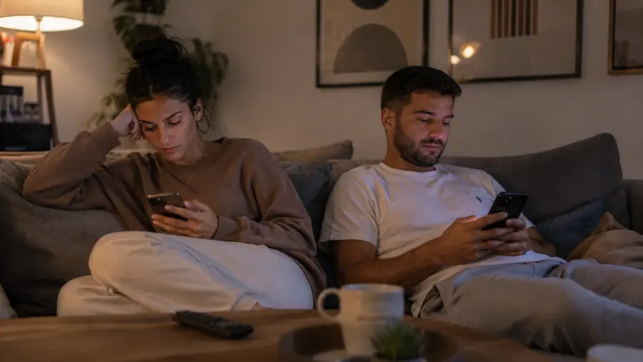 זוג יושב בסלון בערב וכל אחד בטלפון לפני Bonfeli